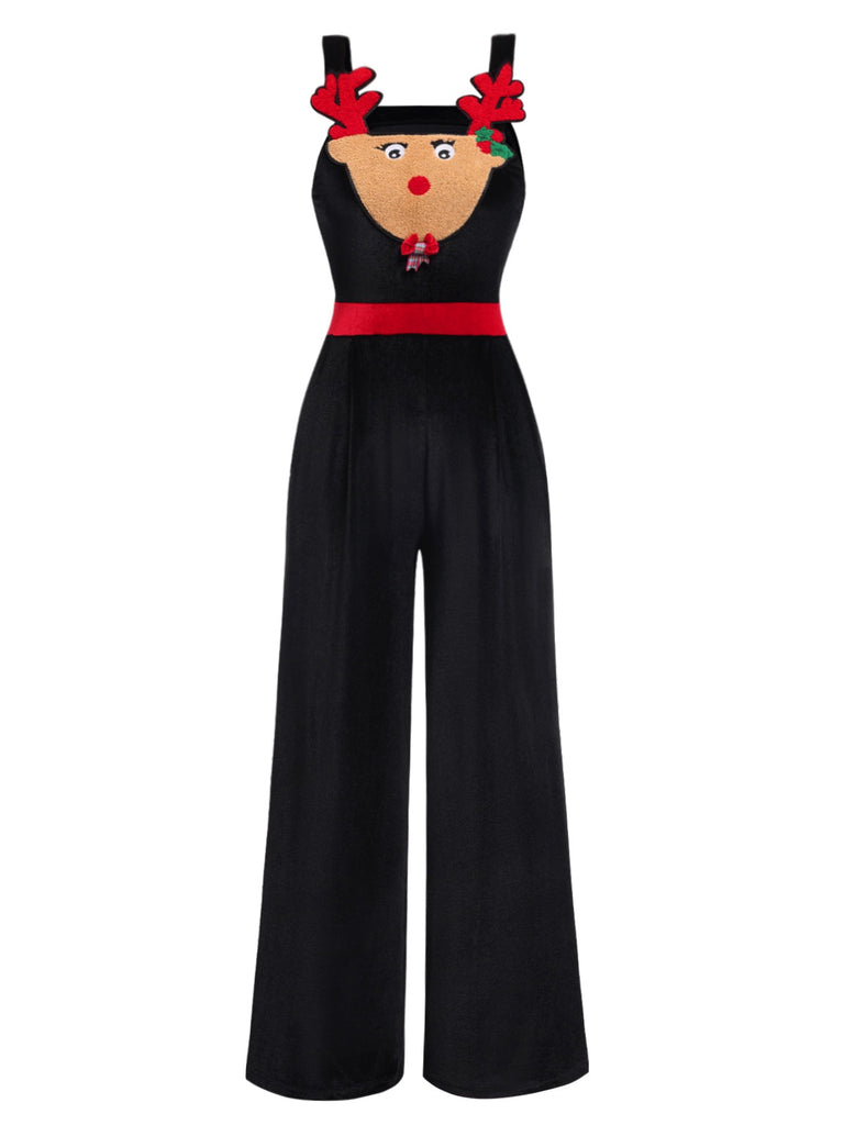 Combinaison en velours peluche noire à motif d'élan de Noël des années 1940