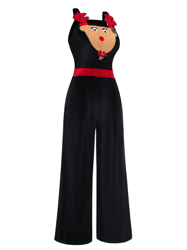 Combinaison en velours peluche noire à motif d'élan de Noël des années 1940