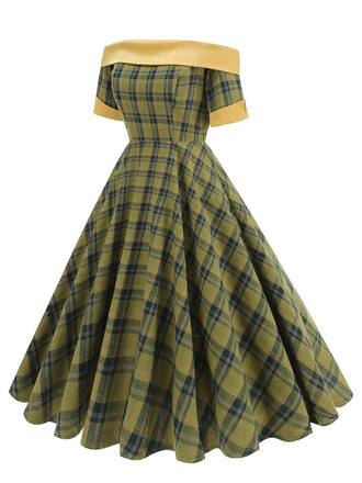 Robe à carreaux patchwork vintage à épaules dénudées des années 1950