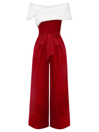 Combinaison en velours fourrure rouge Noël à épaules dénudées des années 1960