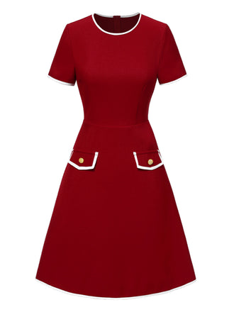 Robe rouge à poches et bordures unies des années 1960