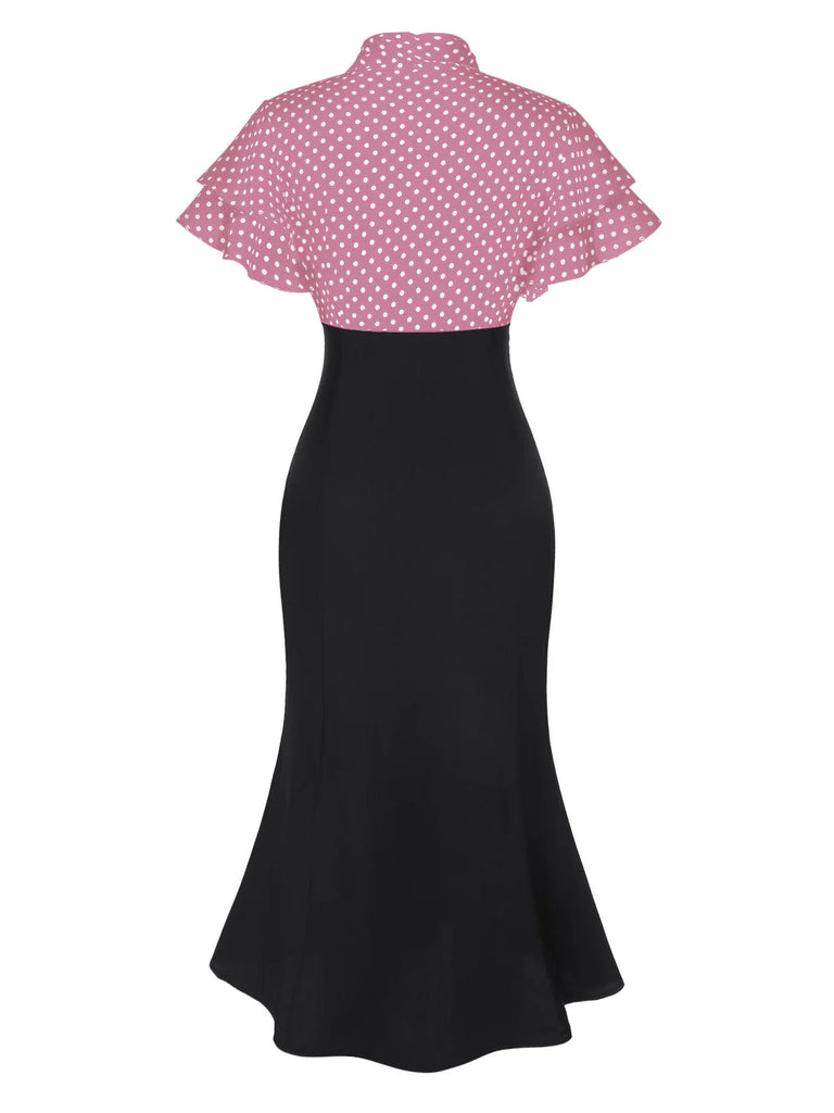 Robe sirène noire à pois et col noué des années 1930