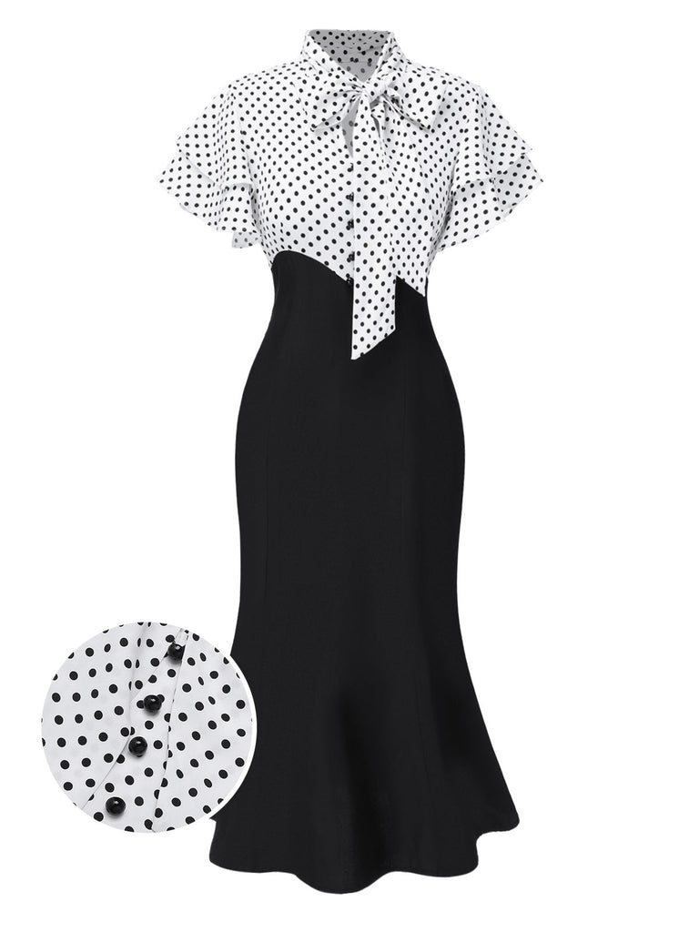 Robe sirène rouge à pois et col noué des années 1930