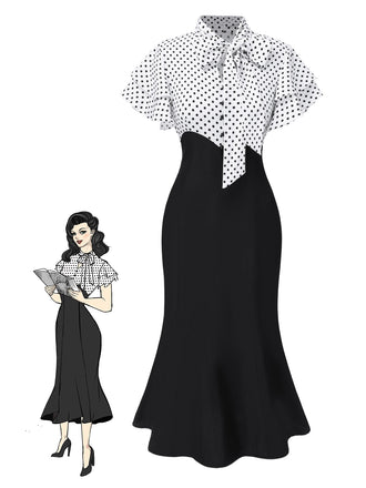 Robe sirène noire à pois et col noué des années 1930