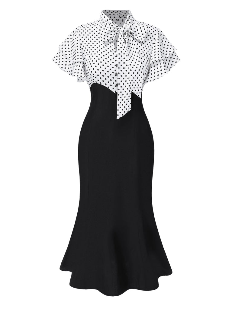 Robe sirène rouge à pois et col noué des années 1930