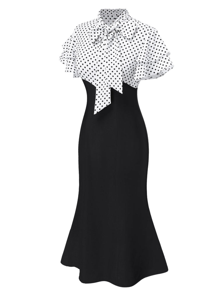 Robe sirène rouge à pois et col noué des années 1930