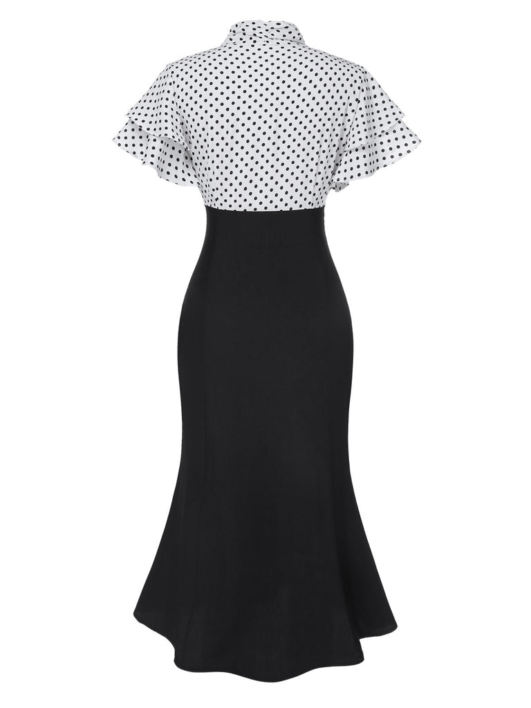 Robe sirène rouge à pois et col noué des années 1930