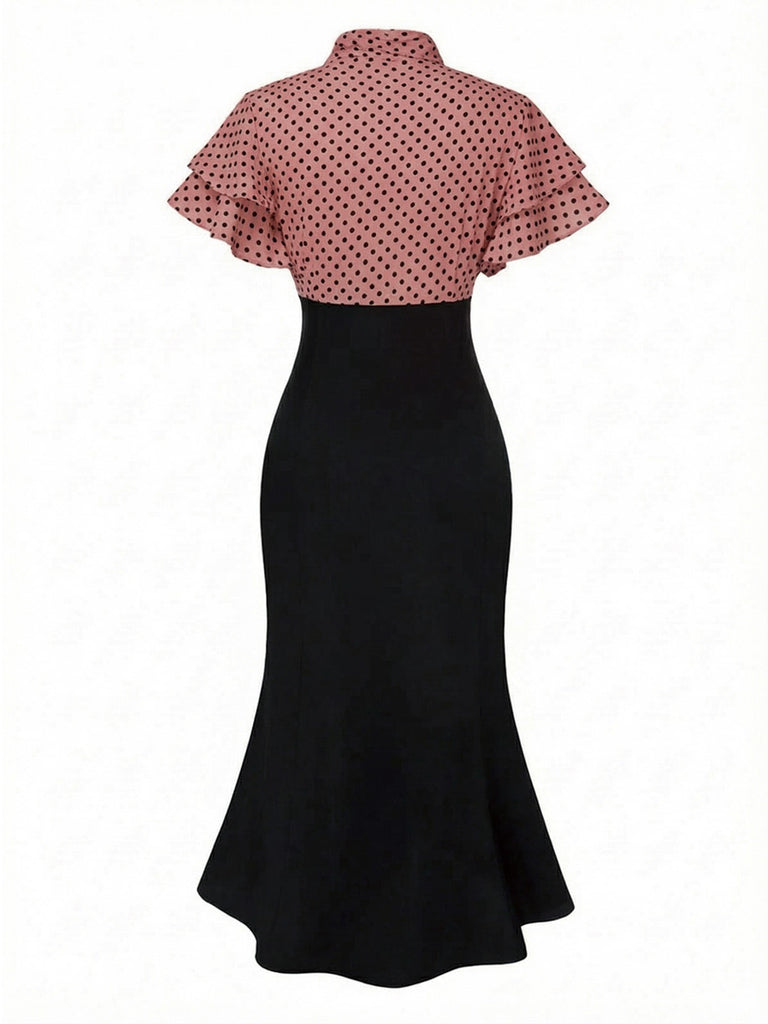 Robe sirène rose pêche à pois et col noué des années 1930
