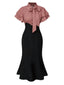 Robe sirène rose pêche à pois et col noué des années 1930