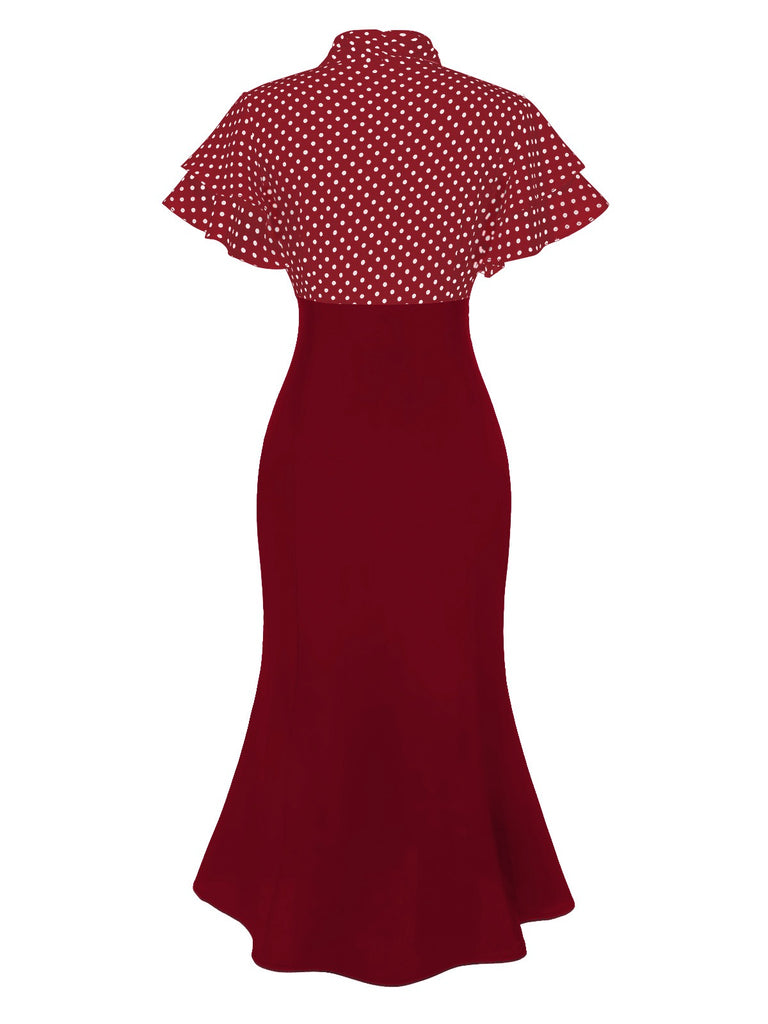 Robe sirène rose pêche à pois et col noué des années 1930