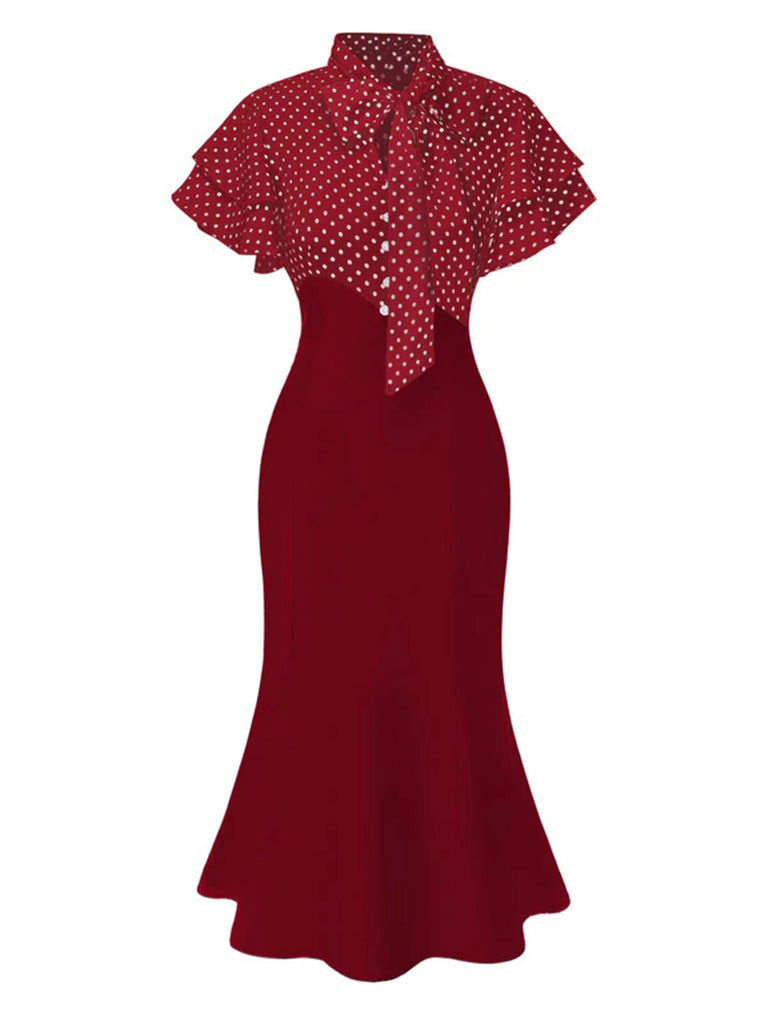 Robe sirène rose pêche à pois et col noué des années 1930