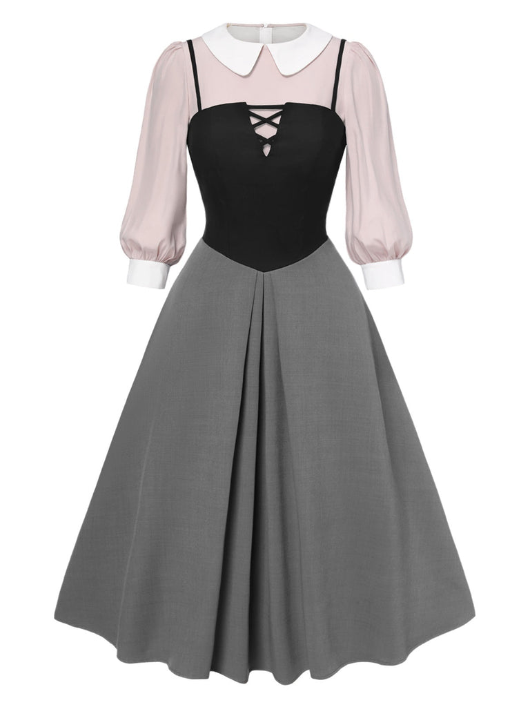 2PCS chemisier rose contrasté et robe grise des années 40