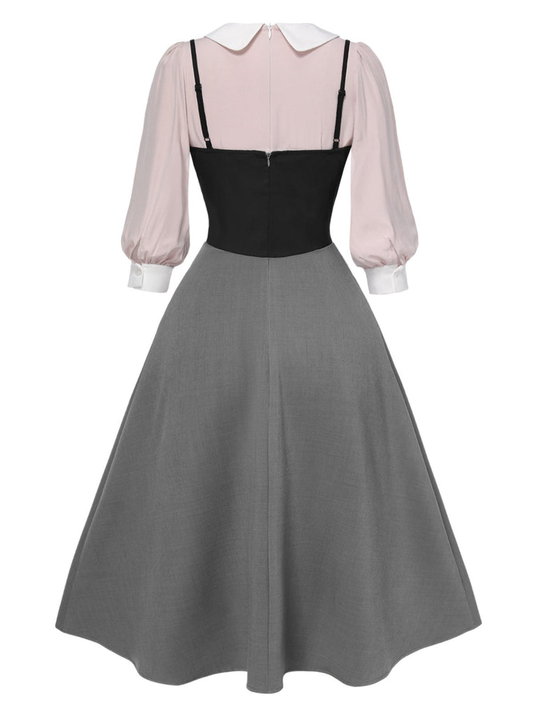 2PCS chemisier rose contrasté et robe grise des années 40