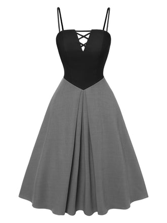 Robe à bretelles plissée à blocs de couleurs grise des années 40