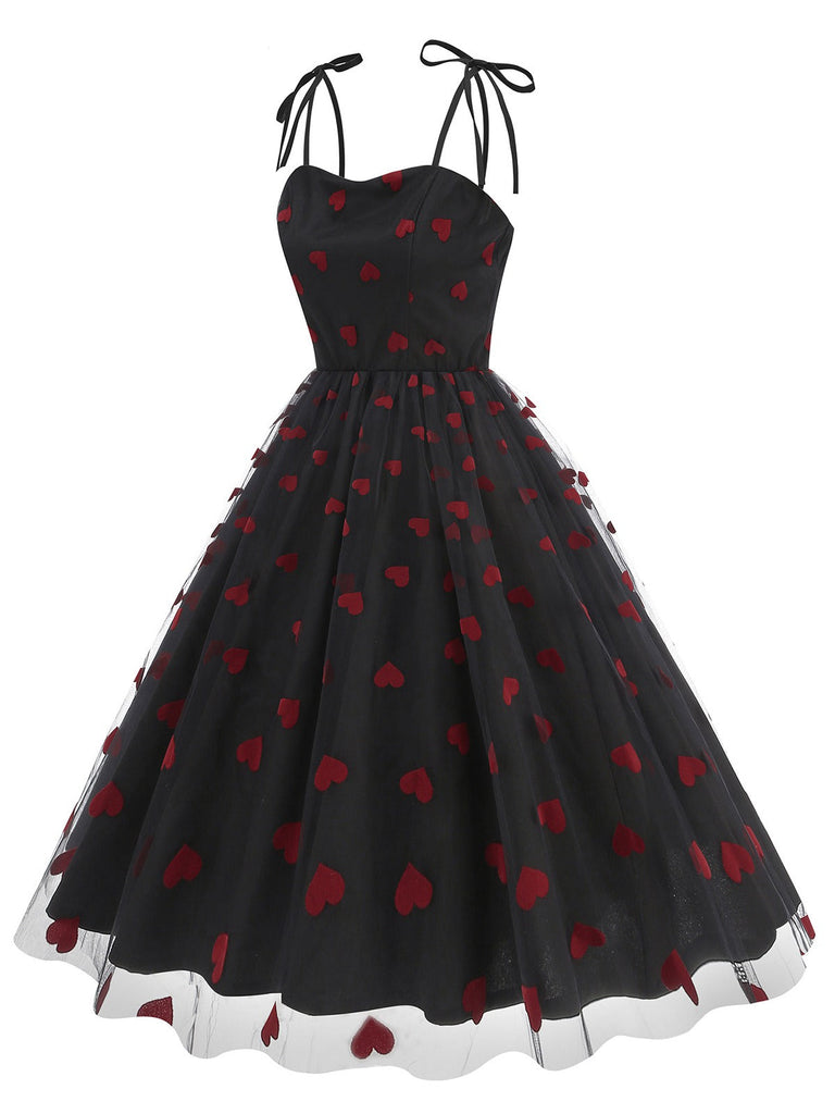 Robe à bretelles en patchwork de mailles à cœurs rouges des années 1950