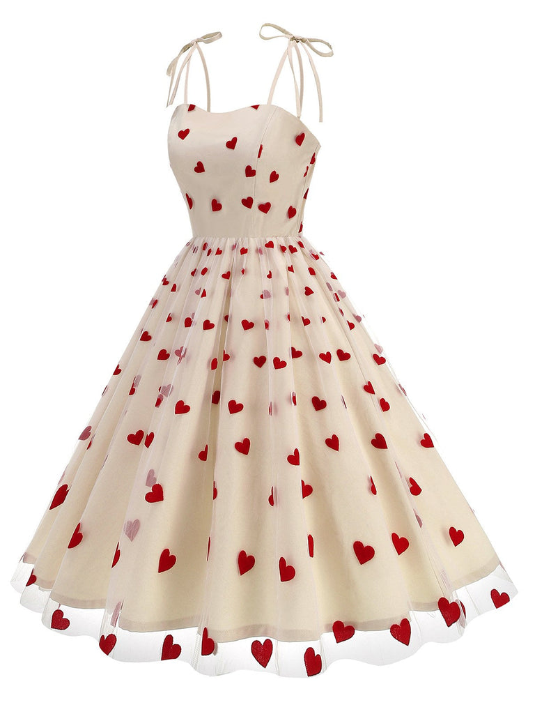 Robe à bretelles en patchwork de mailles à cœurs rouges des années 1950