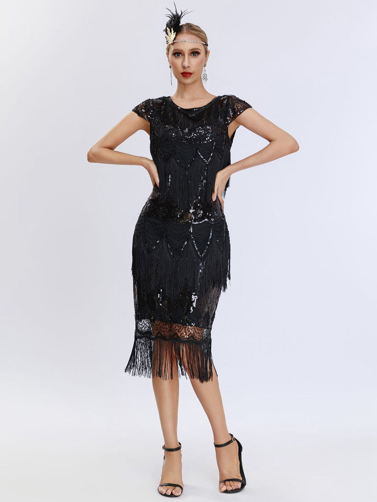 Robe patchwork à paillettes et pampilles Charleston des années 1920