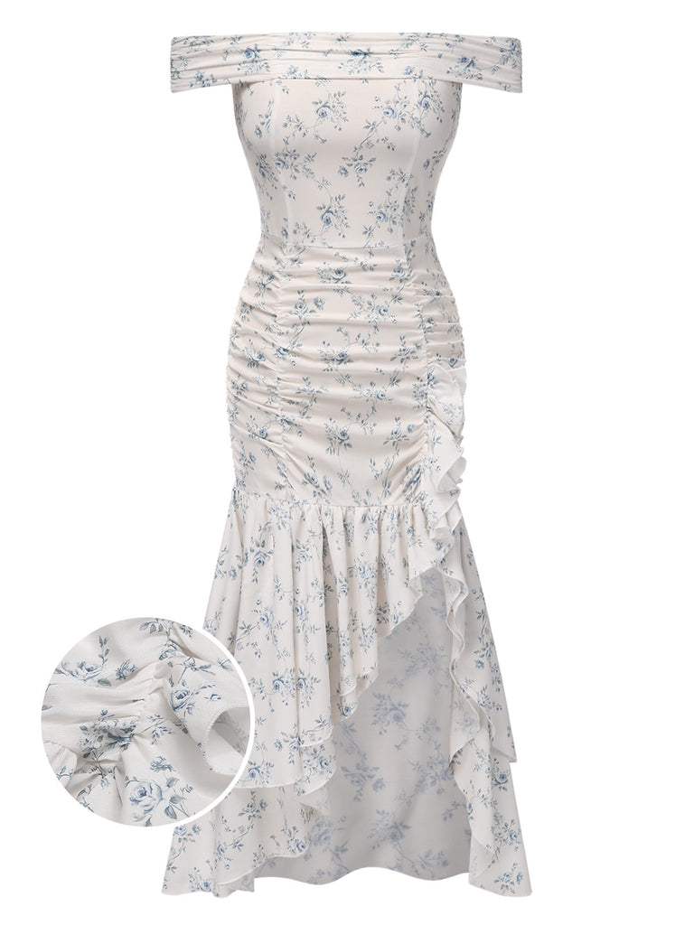 Robe bleue à volants et épaules dénudées motif floral des années 1930