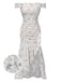 Robe bleue à volants et épaules dénudées motif floral des années 1930