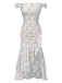 Robe bleue à volants et épaules dénudées motif floral des années 1930