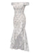 Robe bleue à volants et épaules dénudées motif floral des années 1930