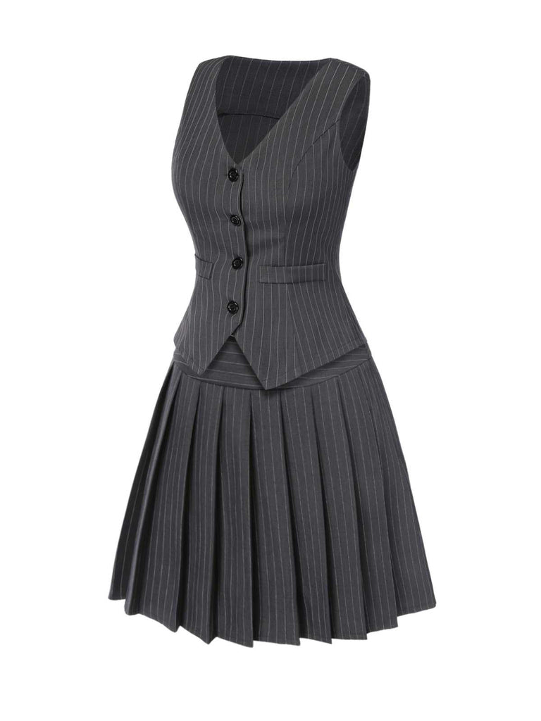 2PCS Gilet à rayures fines gris foncé et jupe plissée des années 60