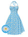 Robe dos nu marguerites bleue avec bordure en dentelle des années 1950