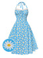 Robe dos nu marguerites bleue avec bordure en dentelle des années 1950