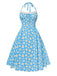 Robe dos nu marguerites bleue avec bordure en dentelle des années 1950