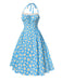 Robe dos nu marguerites bleue avec bordure en dentelle des années 1950