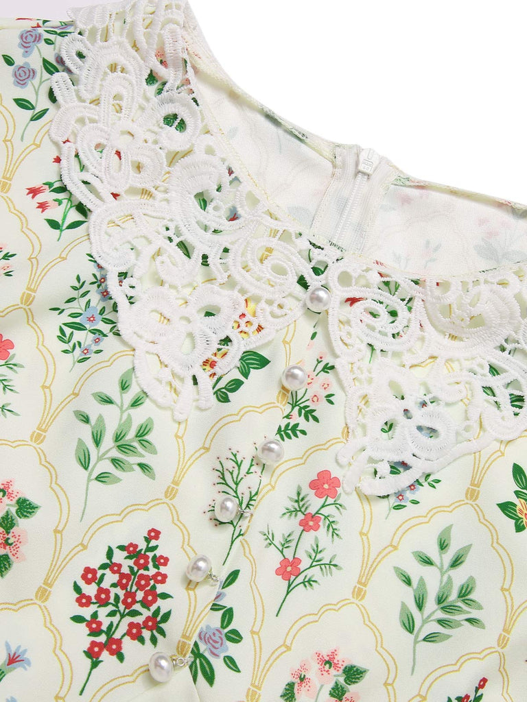 Robe beige col revers en dentelle florale des années 1940