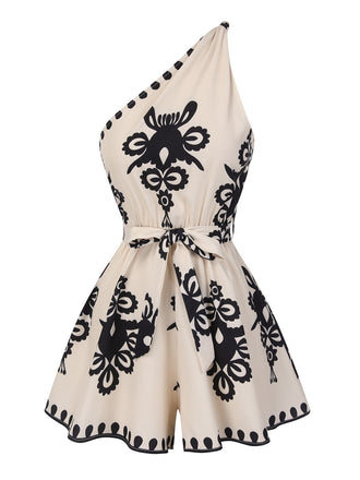 Combishort Beige Une Épaule Imprimé Floral Années 40