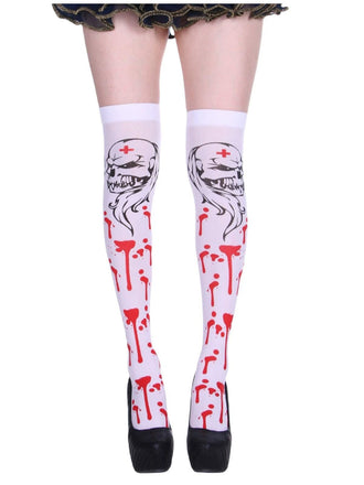 Bas cuissardes blancs et rouges à taches de sang pour Halloween