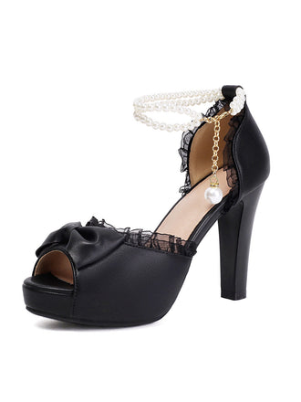 Chaussures à talons hauts et bout ouvert avec bordure en dentelle perlée