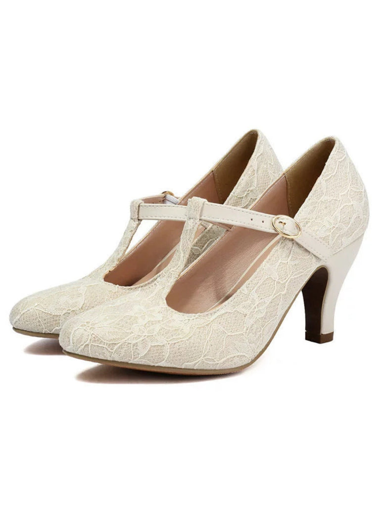 Talons hauts vintage en dentelle patchwork avec bride en T et boucle