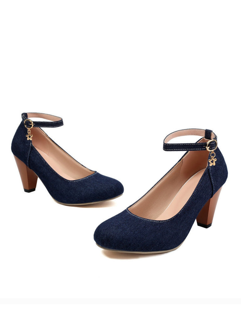 Mary Janes à boucle en jean et talons épais