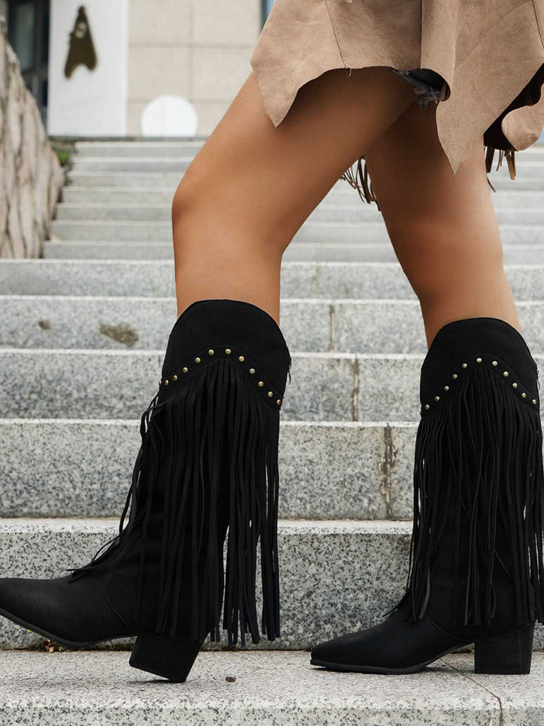 Bottes à talons hauts épais et pompons vintage