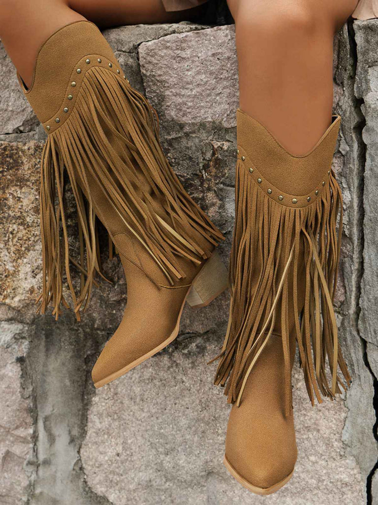 Bottes à talons hauts épais et pompons vintage