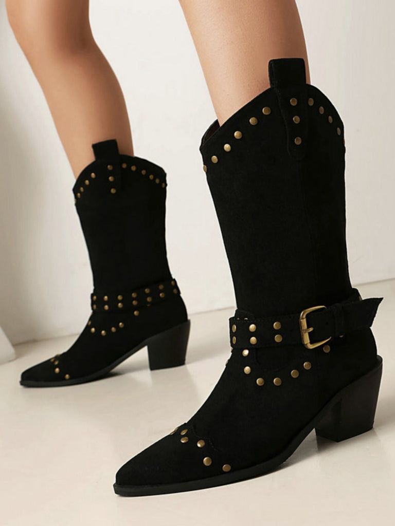 Bottes à talons épais et bout golf clouté en flanelle