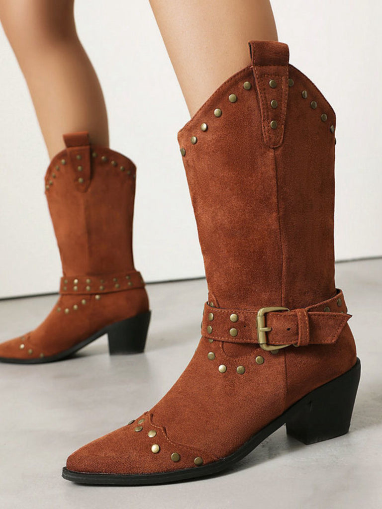 Bottes à talons épais et bout golf clouté en flanelle
