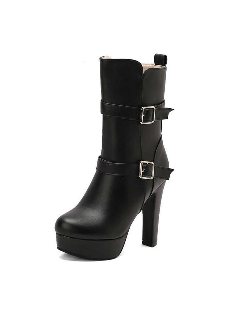 Bottes mi-mollet à talon compensé et bout rond en cuir synthétique