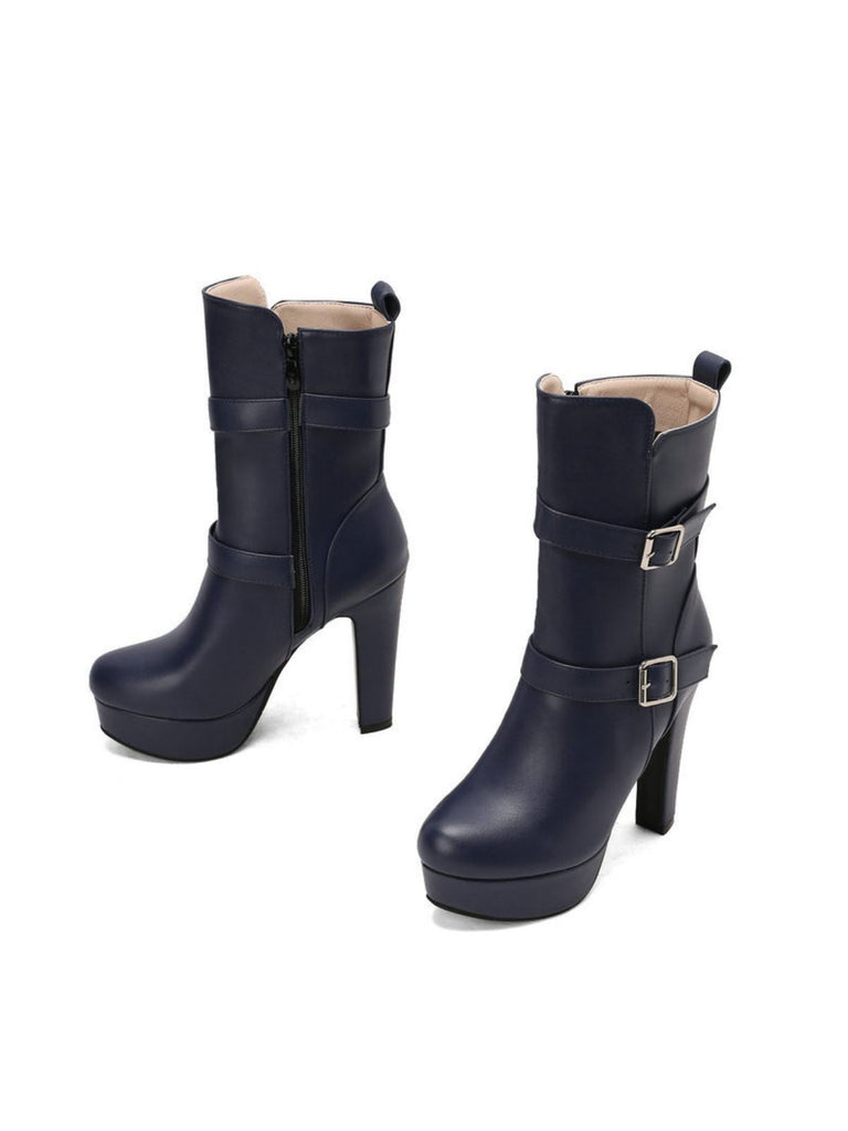 Bottes mi-mollet à talon compensé et bout rond en cuir synthétique