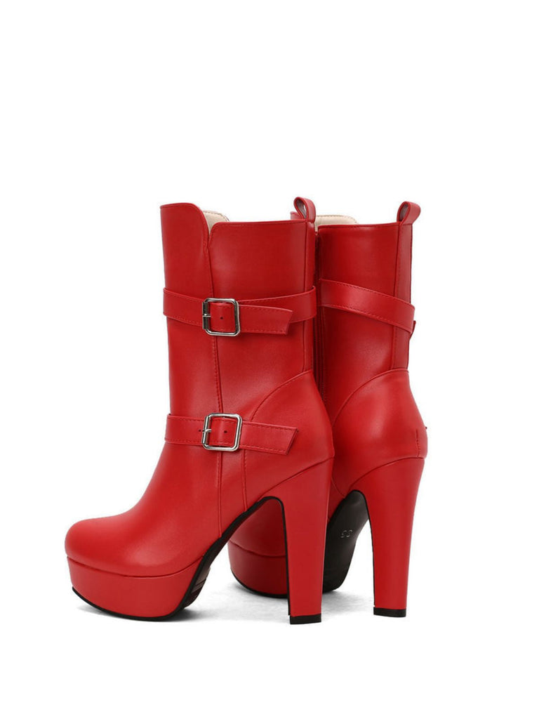 Bottes mi-mollet à talon compensé et bout rond en cuir synthétique