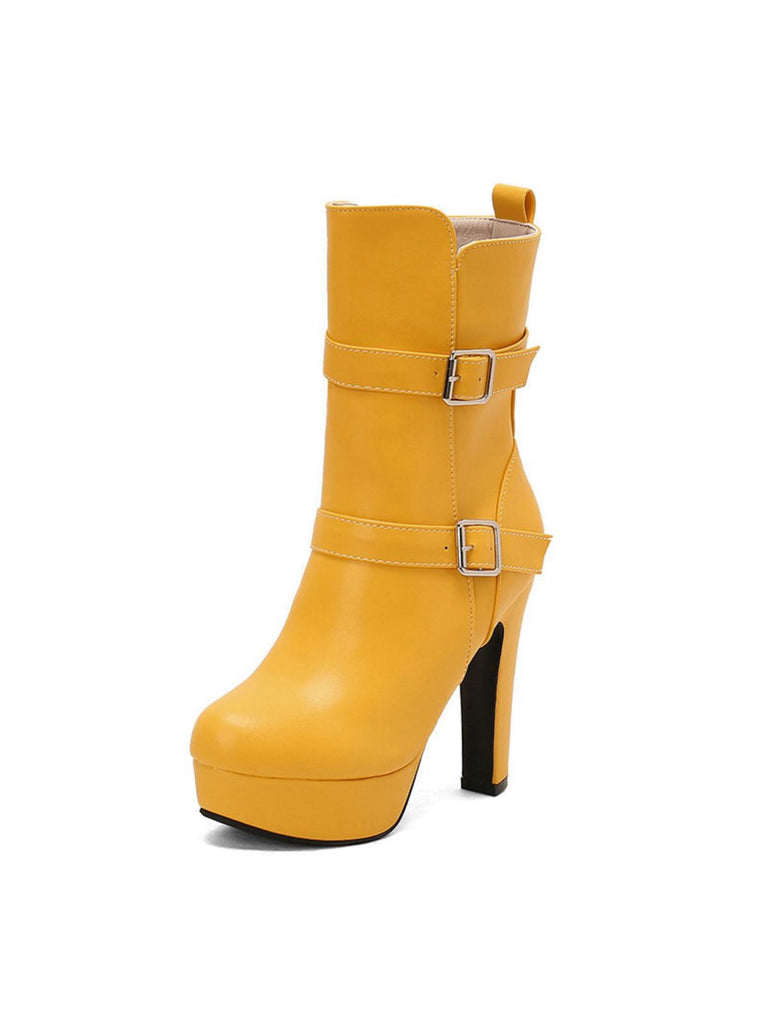 Bottes mi-mollet à talon compensé et bout rond en cuir synthétique