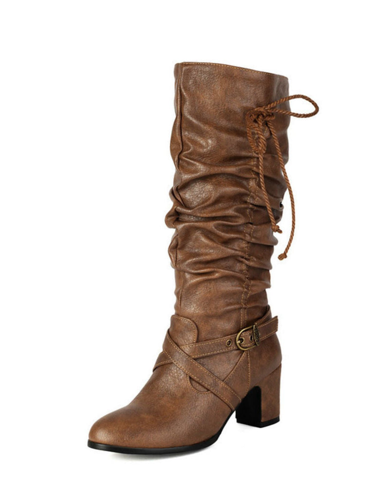 Bottes à talons épais froncés à boucle solide vintage