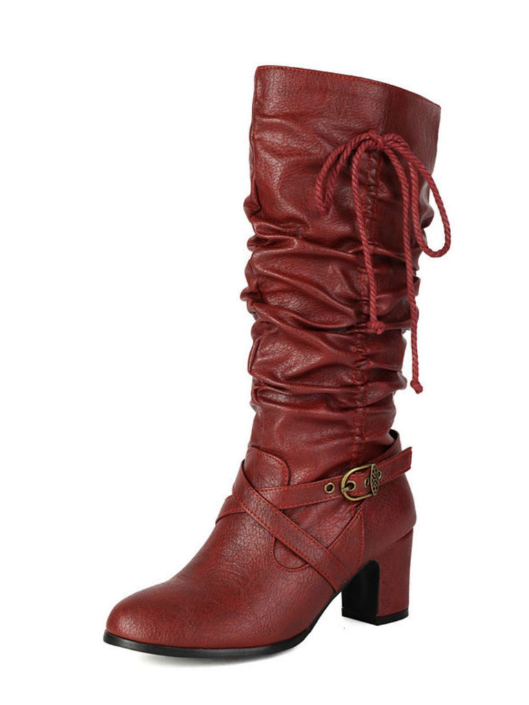 Bottes à talons épais froncés à boucle solide vintage