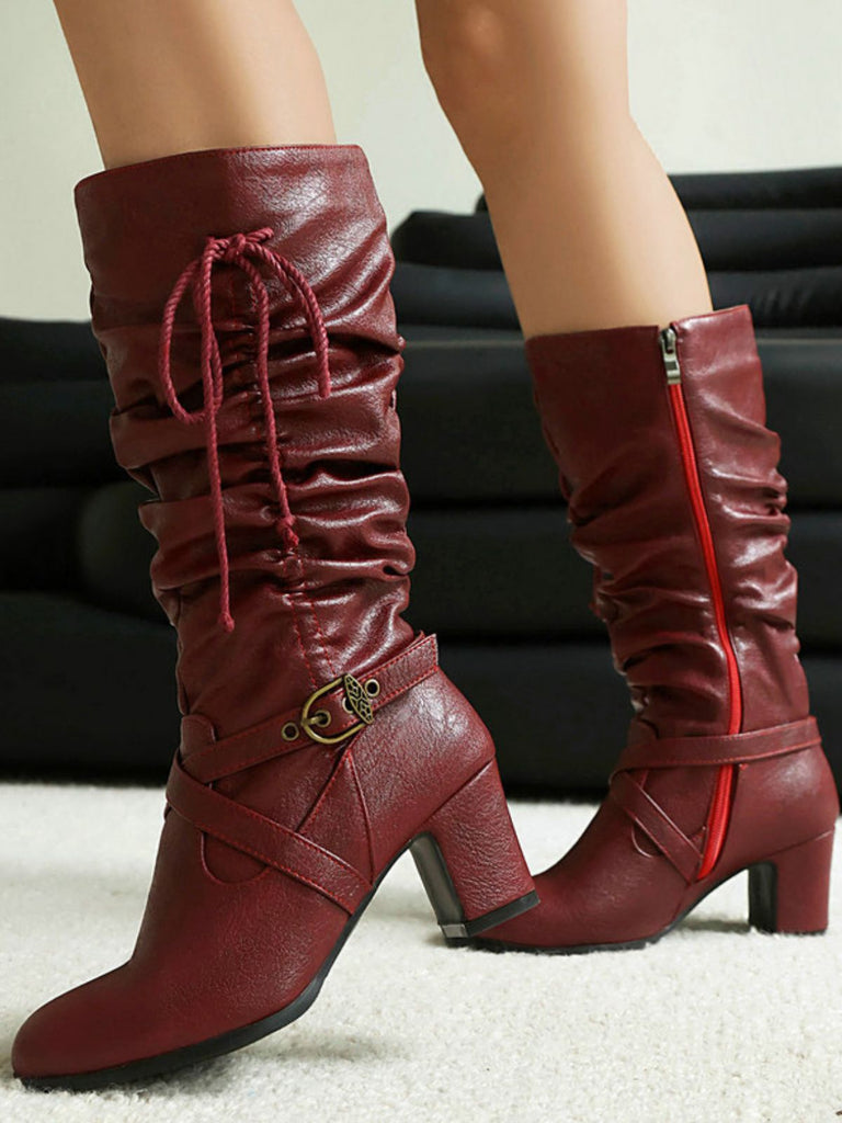 Bottes à talons épais froncés à boucle solide vintage