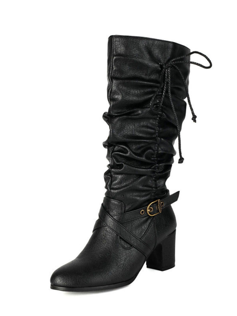 Bottes à talons épais froncés à boucle solide vintage