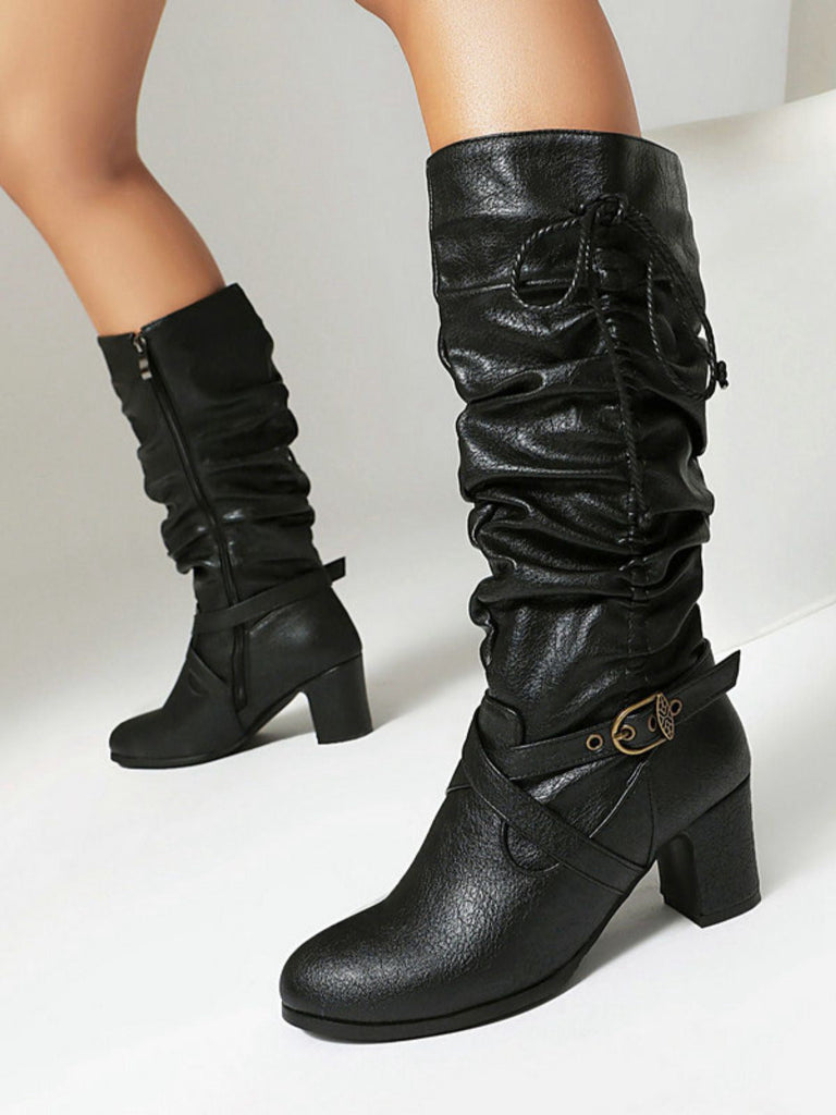 Bottes à talons épais froncés à boucle solide vintage