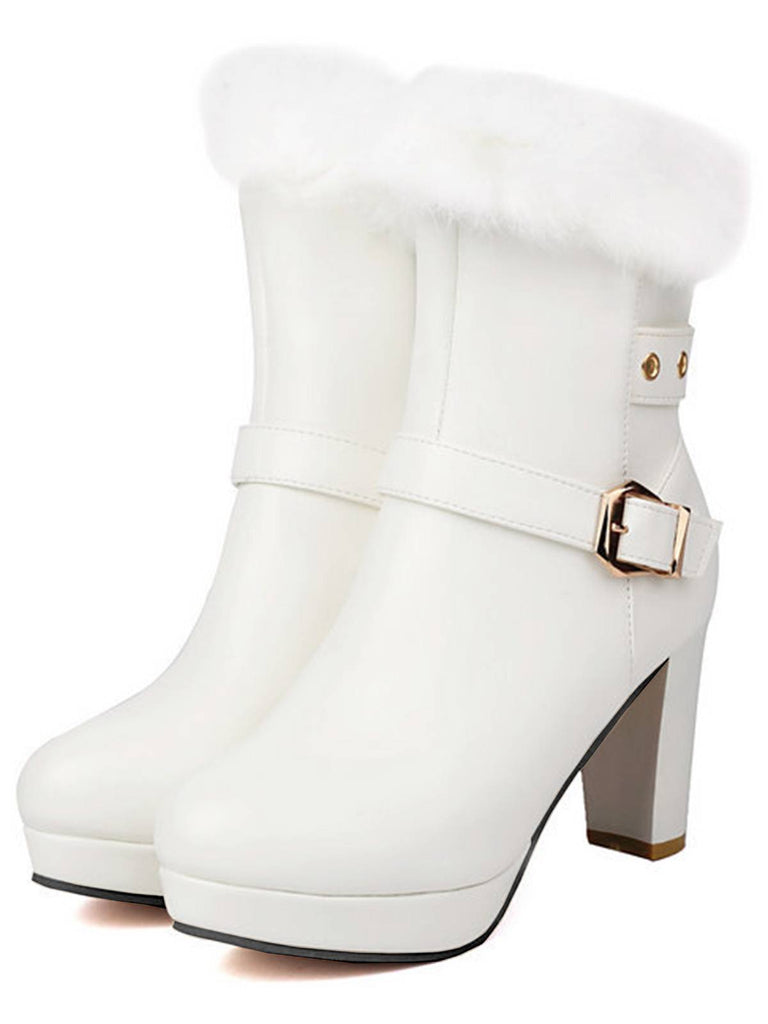Bottes à talons hauts vintage en fausse fourrure avec boucle